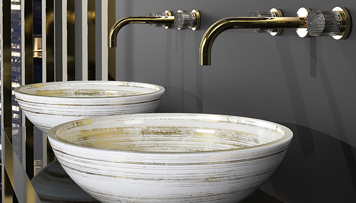 The special edition, white-gold Graffiti countertop basins from Glass Design are made from Florence Glass Atelier crystal using artisanal crystal forming and decorating techniques