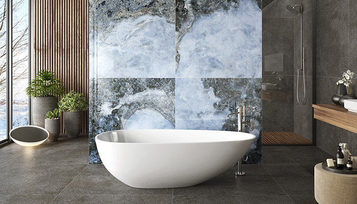 Pamesa’s CR Lux Danae grès porcelain tile, shown here in a 1200 x 1200m format, imitates Mexican agate