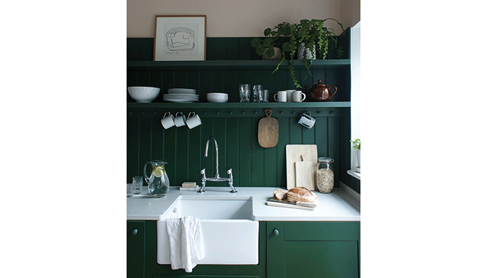 Duck Green is pictured here on the woodwork, with Pink Ground on the walls