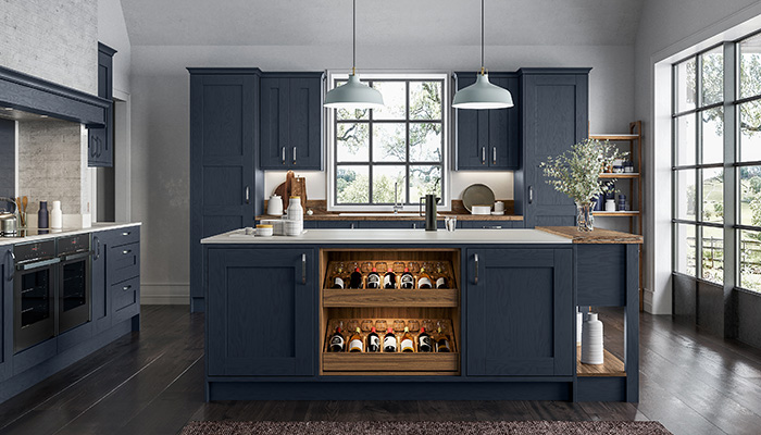 Masterclass Kitchens wine drawers come in Portland Oak and Tuscan Walnut, as shown here, to match the drawers and cabinetry