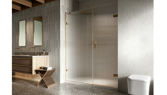 New Liberty fluted glass hinged door and inline panel in brushed brass finish