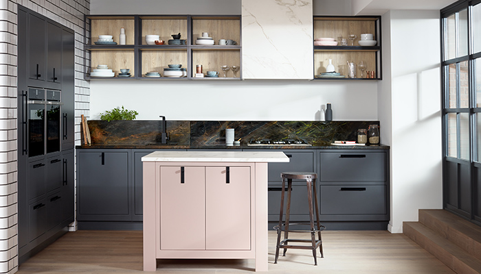 Open frame modular shelving units from PWS, shown here in a 1909 scheme in Dry Rose and Graphite
