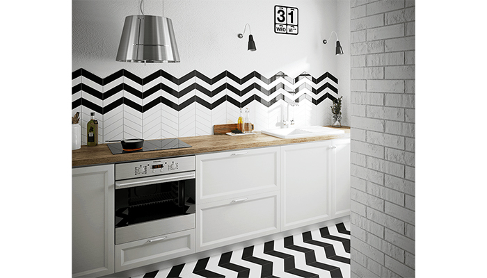 Insignia collection by Spanish manufacturer Equipe, available through Céramique Internationale is a gloss-finish chevron tile that comes in White, Light Grey and Dark Grey