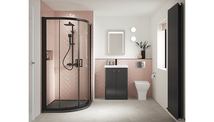 The new black profile Pacific quadrant shower enclosure from Nuie Bathrooms is shown here with the Windon basin mixer and Square bar shower, both in Matt Black