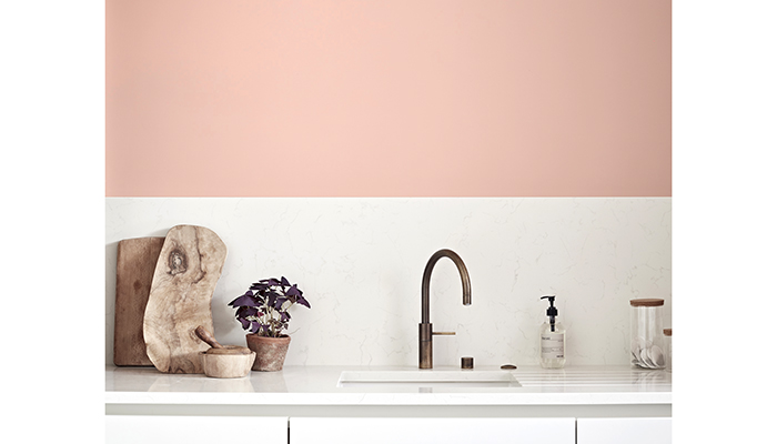 Powdered Clay paint shown in a pale-coloured kitchen scheme