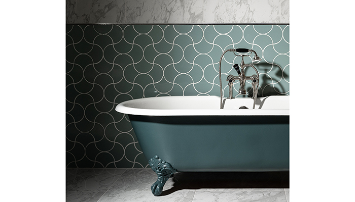 Hoffman freestanding cast iron bath painted in Abberley Green with Devonshire crosshead bath & shower mixer in brushed nickel finish