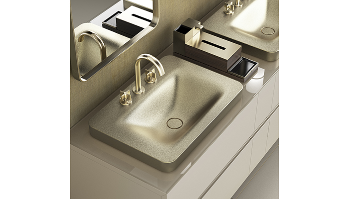 Part of the Armani/Roca collection, the Baia deck-mounted three-hole basin mixer– shown here in Greige – has been manufactured using PVD technology