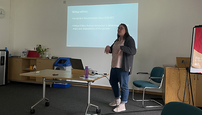 Lecturer Ellie Turzynski giving a talk on unconscious bias and how we can guard against it in kitchen showrooms, May 2021