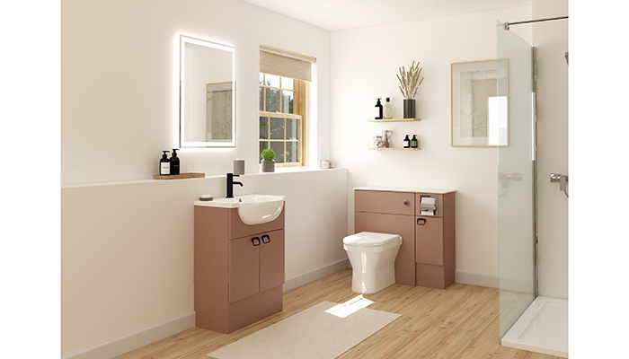 Mereway’s popular Adriatic range has been updated with slimline doors that come in foil, acrylic and soft matt finishes. It’s showcased here in Dusty Rose Matt, but it’s also offered in several new colours including Heritage Green and Indigo Blue