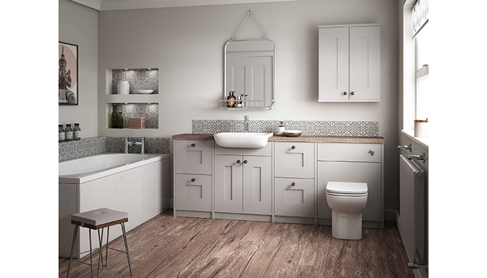 Symphony's Valencia collection in the Aquadi bathroom range in a Platinum matt finish showcases traditional Shaker-style doors 
