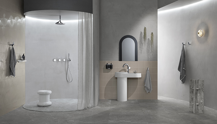 Designed for VitrA by Tom Dixon, the new Liquid bathroom range is characterised by generous curves and soft lines. Accessories include an eye-catching white ceramic shower stool and matching shelf, a double soap dispenser and robe hooks, all pictured 