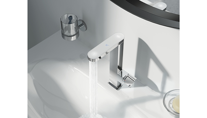 The Grohe Plus basin mixer with LED temperature display features infra-red sensors that allow clients to switch between the standard spray, which uses 5.7 litres of water a minute, or the water-saving four-litres-a-minute Spray function 