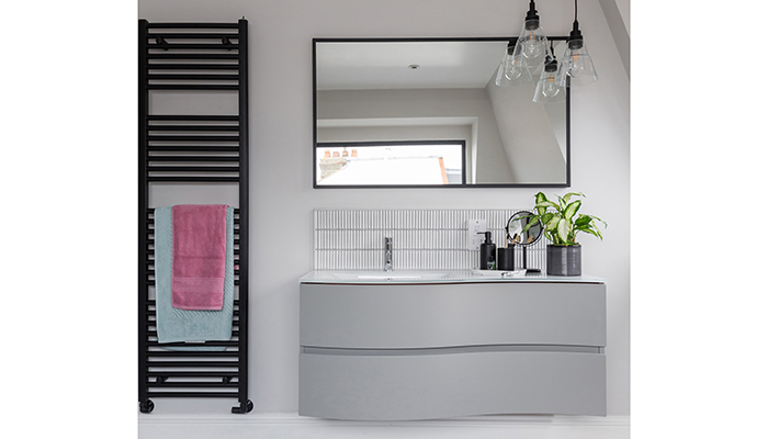 Ultraheat black Chelmsford Straight towel rail, Origins Living Docklands Black mirror and Mullan Lights' Kairi Glass Pendant in Matt Black
