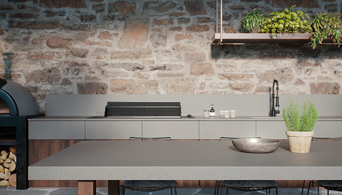 Caesarstone’s outdoor surface collection offers three different styles including 406 Clearskies, shown here. This pale grey concrete-effect perfectly complements natural wood or darker kitchens. The durability and maintenance of its outdoor quartz carries the same hard-wearing properties as Caesarstone’s indoor quartz worktops, making them ideal for a garden kitchen