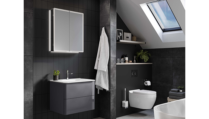HiB’s IP44-rated Isoe cabinet boasts soft curves and precision illumination combined with impressive functionality. It features an electric toothbrush charger, two-pin and double USB charger for a client’s personal devices, while a useful ‘keep clean’ mat and touchless operation improves hygiene