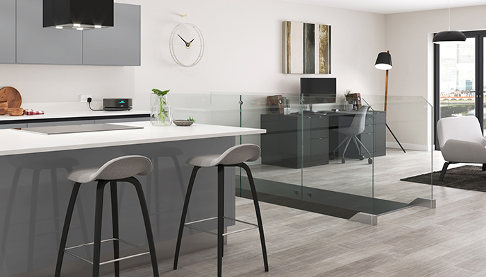 Discreetly positioned away from the hub of the kitchen, this work space features a black desk and drawer unit from Crown Imperial’s Lifespace Zeluso furniture collection. Desks come in widths from 1200mm to 2400mm 