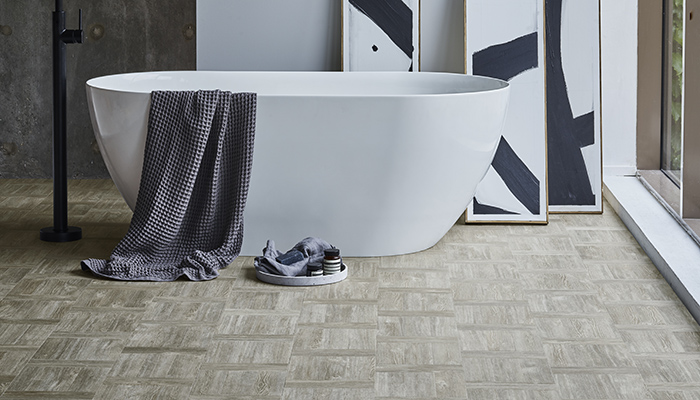 Domus’ LG Hausys Harmony Parquet LVT range replicates a traditional parquet woodblock format on XL length, narrow tiles, measuring 76.2 x 228.6mm. It’s available in six colours ranging from soft pale oak to rich dark wood, and tiles can be laid in a variety of different patterns, offering huge design potential. It has a 0.7mm wear layer and comes with a lifetime warranty for residential projects or 15 years for commercial