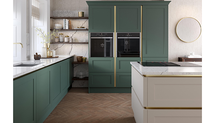 Perfect for consumers looking for a classic-contemporary design, PWS’s Hunton handleless door has a narrow frame and a subtle, shallow centre panel. It is seen here in Copse Green and Cashmere