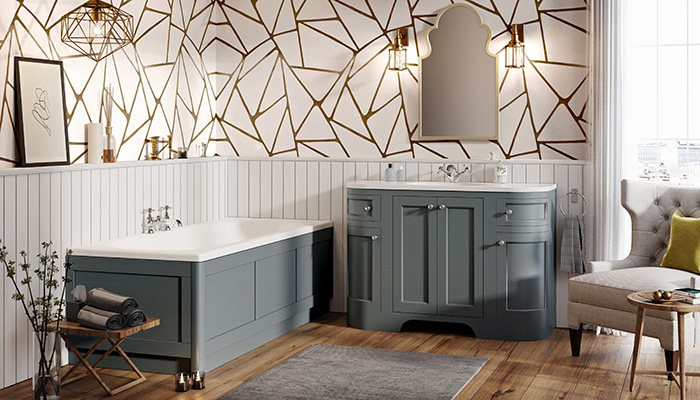 The Brunswick luxury bathroom range from Harrison Bathrooms offers a blend of clean lines and minimalist detailing. Units are available in a selection of ceramic and matt finishes using handmade production techniques. It’s shown here in the popular Spa Grey finish, with the Scudo Cascade bath and Harrogate wooden bath panel