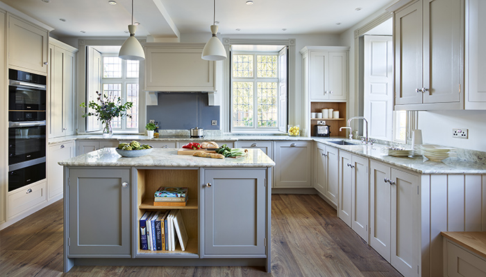 This handmade, handpainted Shaker kitchen designed by Simon Taylor Furniture features in a period property where the kitchen had been moved to a room at the front of the house in order to to make the most of the natural light