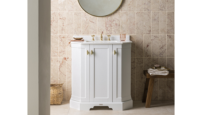 The Victrion 750mm cabinet in Nimbus White, with white marble basin and Victrion Crosshead 3 Hole Basin Mixer in brushed gold 