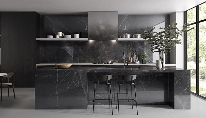 Armani Marble from RAK Ceramics brings a sense of luxury to the kitchen – the dark grey of the surface is interrupted by thin white veins running throughout, giving elegant contrast and really drawing the eye