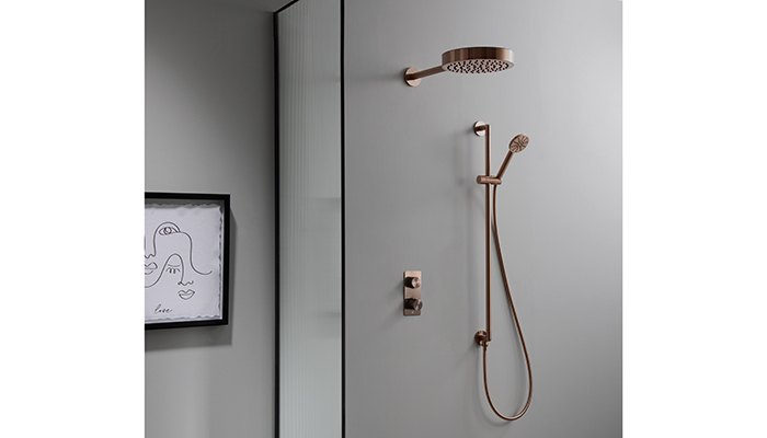 New from JTP, Brushed Bronze has a soft, warm finish and works well in traditional as well as contemporary bathrooms. It is seen here on the Evo shower set with rail