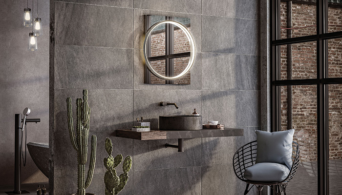 The Solas mirror from HiB features a circle of LED light, which is offset from the surface of the mirror. This softens the overall effect of the mirror, as well as offering a practical light for precision tasks and a stunning focal point