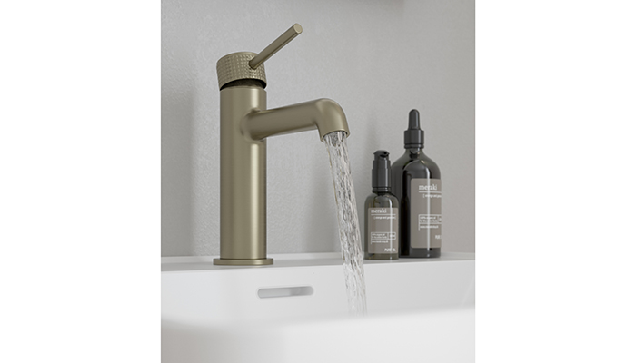 The Alita basin mixer in Brushed Nicklel comes with a knurled, pictured, and smooth handle