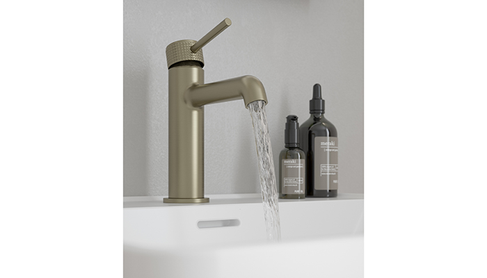 The Alita basin mixer in Brushed Nicklel comes with a knurled, pictured, and smooth handle