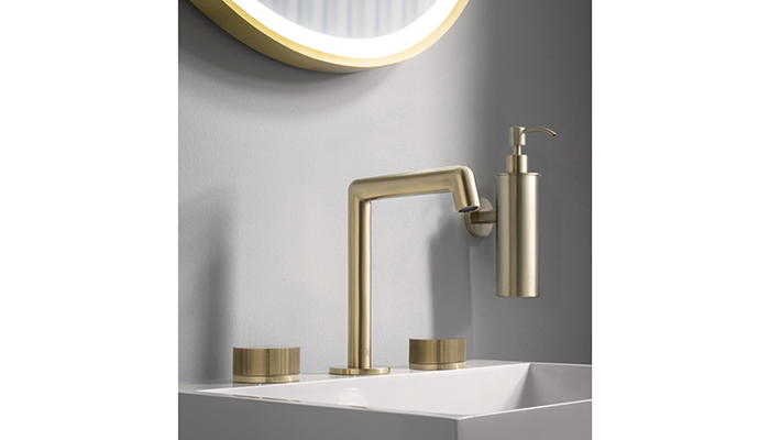 JTP’s EVO three-hole deck-mounted basin mixer in a brass finish with hardwearing PVD coating has a 185mm-high angular spout with 145mm projection and the ridged mixer controls definitely add the industrial luxe customer are looking for