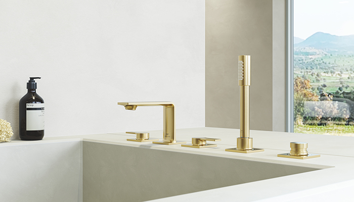 Finished in brushed Cool Sunrise, Grohe’s Allure four-hole deck-mounted bath filler and hand shower is from its Spa portfolio 