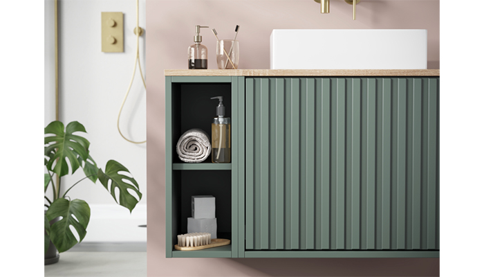 Ideal for designers looking to embrace the texture trend with fluted finishing while also introducing a retro vibe, Harrison Bathrooms’ Alfie unit has grooved panels and a push-to-open mechanism 