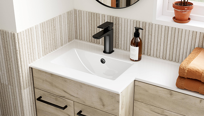 The Berio Matt Black deck-mounted monobloc single-lever basin tap is part of PJH Bathrooms’ range of Matt Black fixtures and fittings that includes floorstanding bath taps and thermostatic mixer shower controls and shower head alongside push button flush plates for designers to create a cohesive look in a bathroom