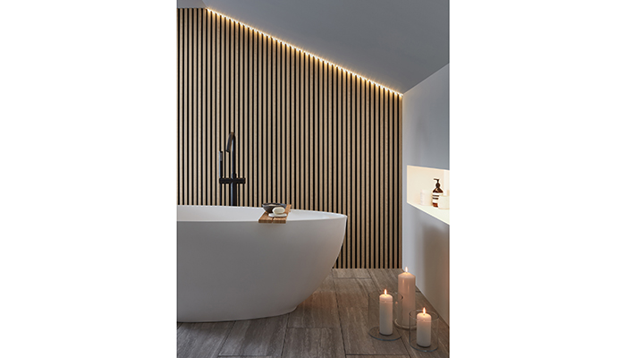 Ideal for clients looking to introduce a touch of contemporary Scandi-style to their bathrooms, Naturewall’s SlatWall Waterproof panels in a Natural Oak and Black finish are 2.4m tall and are designed for high-moisture commercial and residential spaces