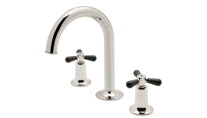 Riverun Gooseneck basin mixer with two-tone tri-spoke handles in Nickel and Matte black