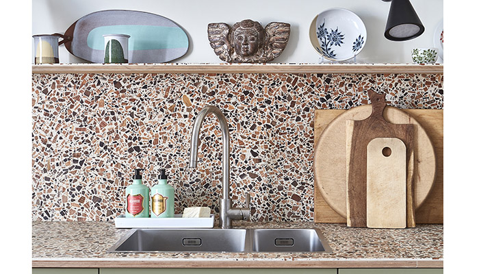 Foresso timber terrazzo worktops and splash back in a kitchen designed by Pluck | Photographer: Malcolm Menzies 