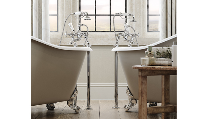 St James Traditional freestanding bath filler mixers in chrome with white levers and handles