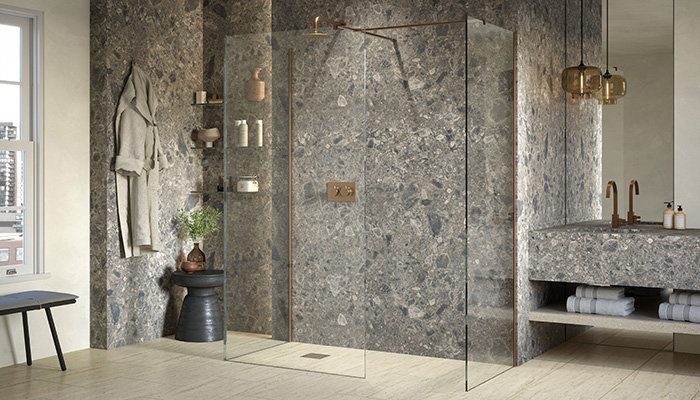 The luxury AYO collection includes the 10mm glass wetroom with a hinged rotating panel in the brand new Country Bronze finish