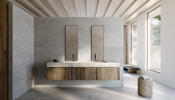 Peronda's Alchemy Iron is inspired by Grigio Soveraia – a striking grey marble with fine white veins that streak its surface. It comes in 60 x 120cm, 60 x 60cm, 90 x 90cm, and 120 x 120cm formats