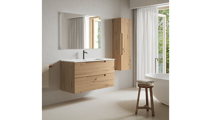 Newly available in an oak finish, the Kyoto furniture range has a textured fluted finish and is ideal for Japandi-style bathrooms