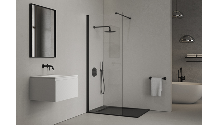 Edge Matte Black stone resin shower tray and Modern Matte Black shower screen