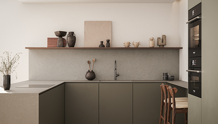 Caesarstone’s 544 Auralux porcelain is a striking new design reflecting the raw earthiness of weathered granite – it’s seen here in a new Stone finish giving it a texture that’s ideal for a more industrial-style worktop