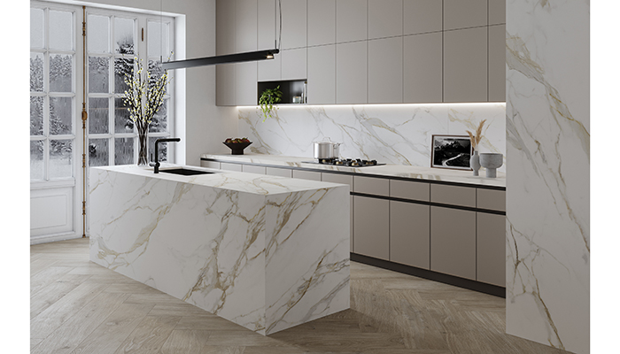 Neolith’s Calacatta Roma surface pays homage to Italian Carrara marble. Its ochre and grey veins stand out against the white background, and it’s the perfect choice for customers looking for luxury and refinement as well as durability