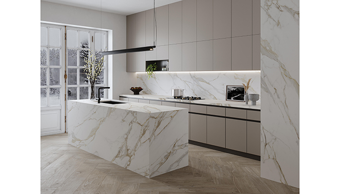 Neolith Calacatta Roma in kitchen island, backsplash, and cladding