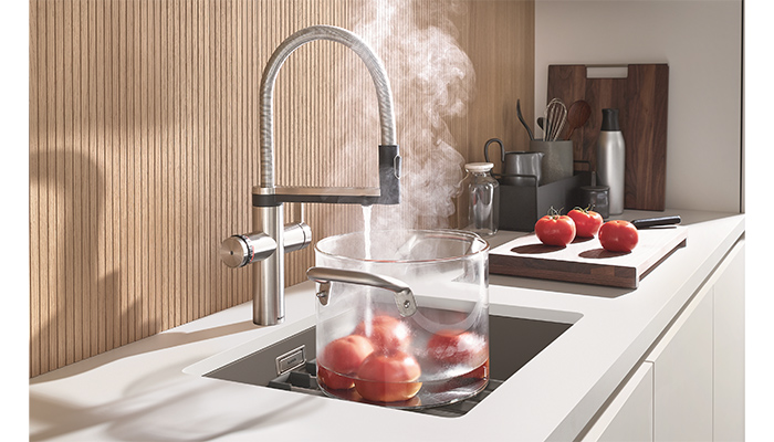 The CHOICE ICONA tap is available in Brushed Stainless Steel, shown here, as well as Satin Dark Steel, Black Matt and Satin Gold