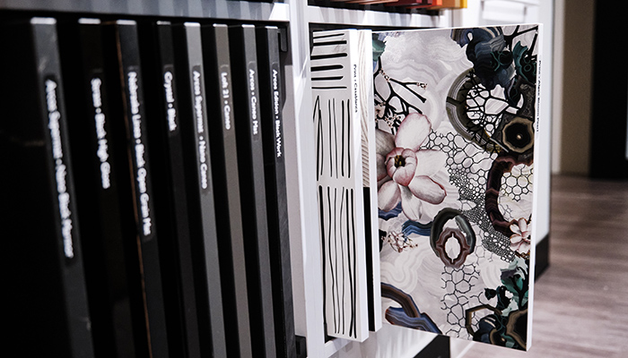 Digitally printed decorative finishes include Algae Bloom, created in collaboration with  Christian Lacroix Maison