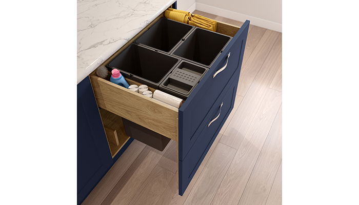Masterclass Kitchens’ 800mm-wide VelaBin cabinet in Portland Oak provides an impressive 104 litres of waste storage with the addition of 42 litres of extra storage for waste bags, cleaning products or trays – perfect for a larger kitchen