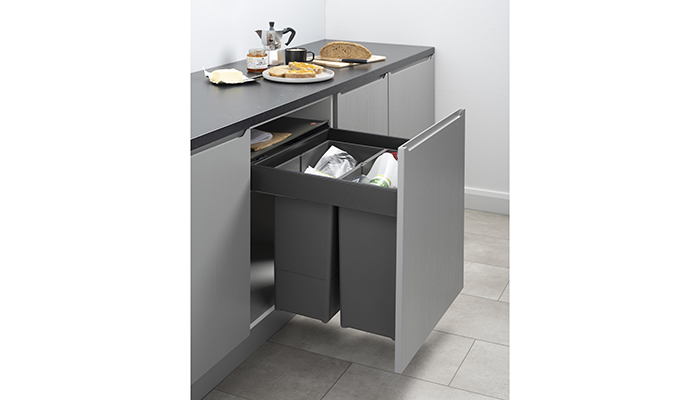 Hettich’s ‘bin in a box solution’, seen here in anthracite, is available in various formats up to 600mm wide, with 2 and 4 bin options designed with Quadro soft-close runners – a perfect solution for a more compact space