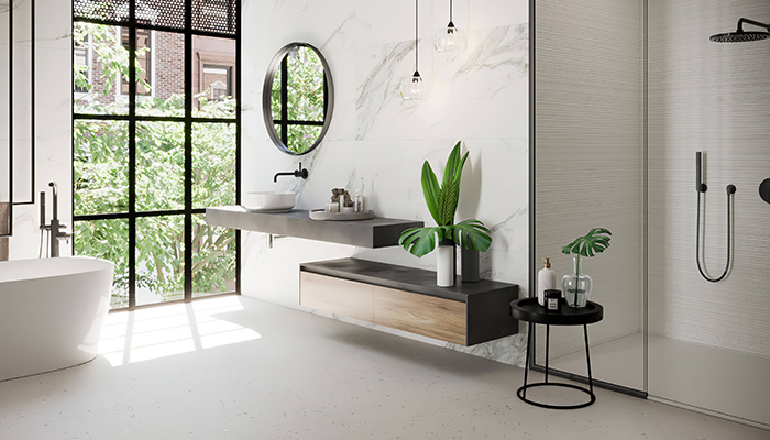 Our Helsinki range features rectified porcelain tiles with a NeoGrip finish, making these ideal for inside and out. Showcased here in this luxury bathroom, these matt Helsinki 1941 Blanco floor tiles feature NeoSkin in a speckled effect for an ultra-contemporary look, making these ideas for any high-end home renovation